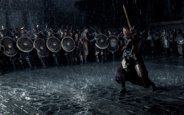 Warriors in the rain with swords and shields