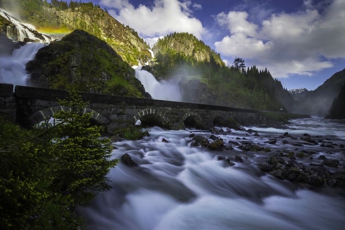Latefossen Twin Waterfall, Norway, with Stone Bridge and River