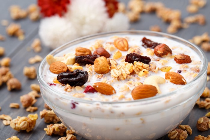 Bowl of Muesli with Milk and Nuts