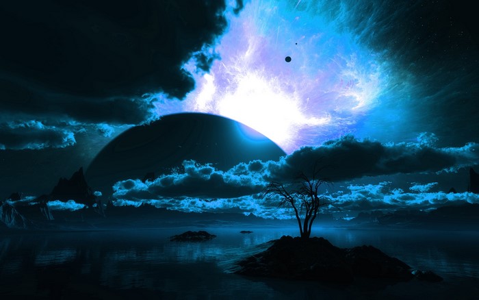 Alien planet with large moon and two small planets
