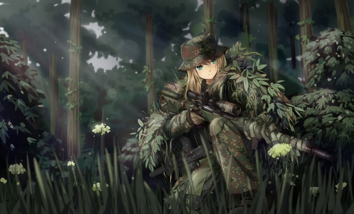 Anime sniper in camouflage in a forest