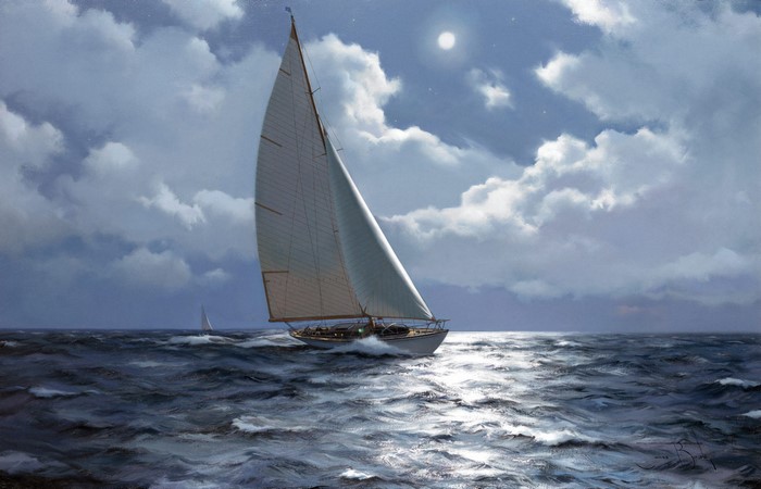 Sailboat on the sea under a cloudy moonlit sky