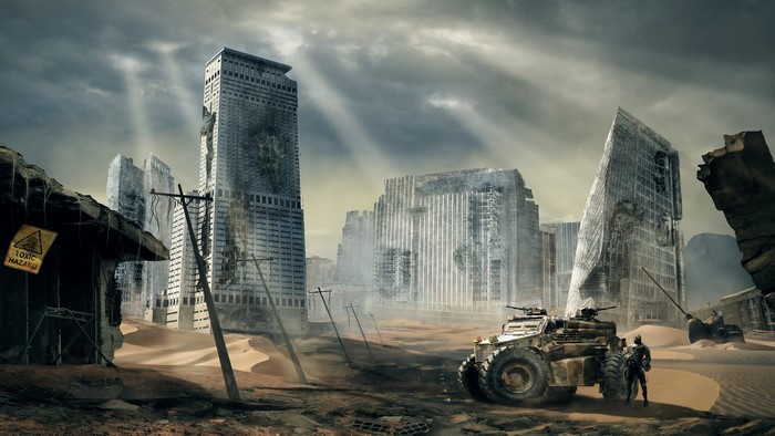 Post-apocalyptic city ruins with armored vehicle and soldiers