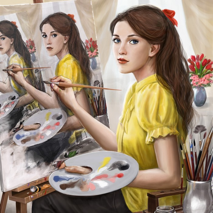 Woman painting a portrait of herself