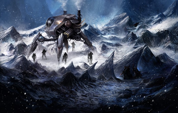 Mechanical walker and soldiers in a snowy mountain landscape
