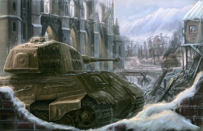 Painting of a tank in a war-torn city