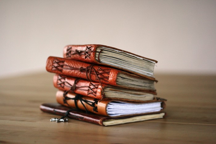 Stack of leather-bound journals