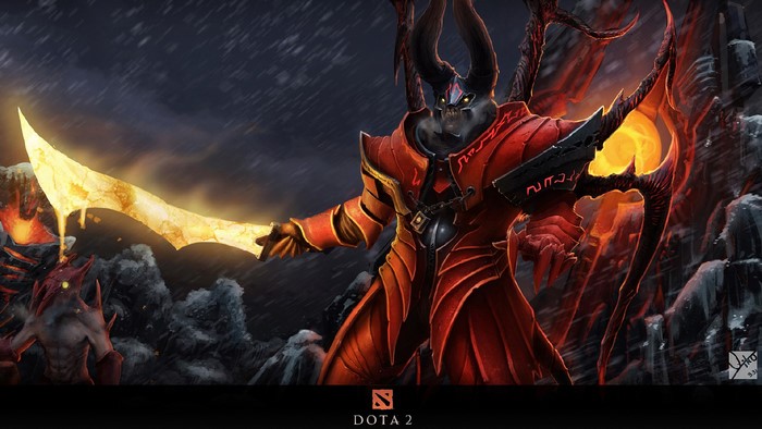 Doom from Dota 2 with a fiery sword