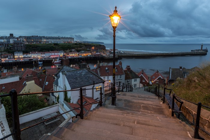 4K Whitby England Houses Stairs Street Lights