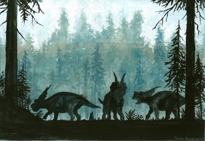 Achelousaurus dinosaurs in a prehistoric forest