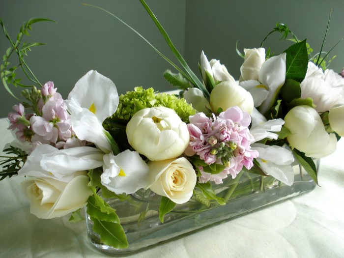 White Roses, Irises, and Delphinium in a Glass Vase