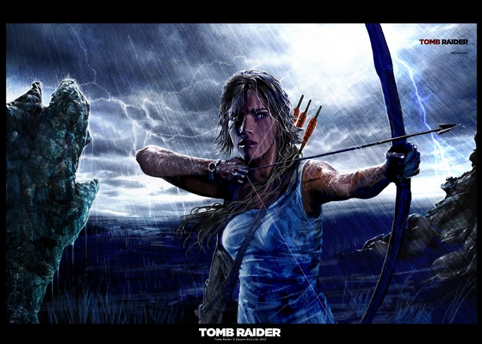 Lara Croft from Tomb Raider with a bow and arrow