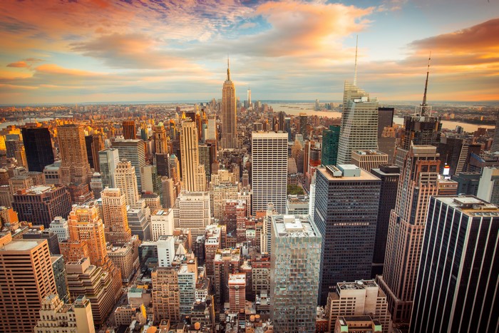 New York City skyscrapers at sunset