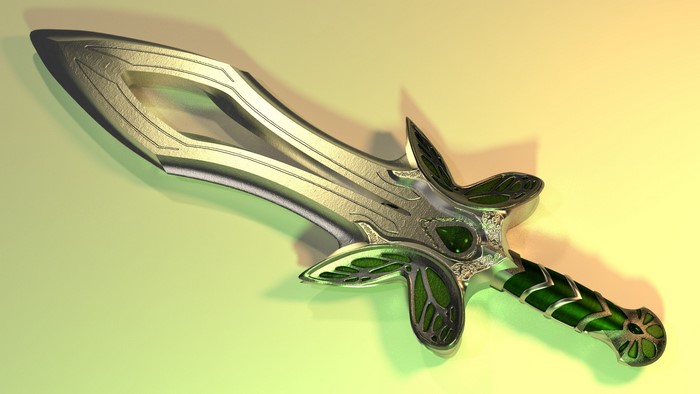 Fantasy sword with green gems and ornate hilt
