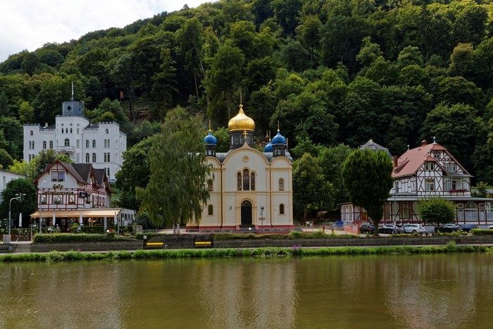 Bad Ems Germany Riverfront with Houses and Church