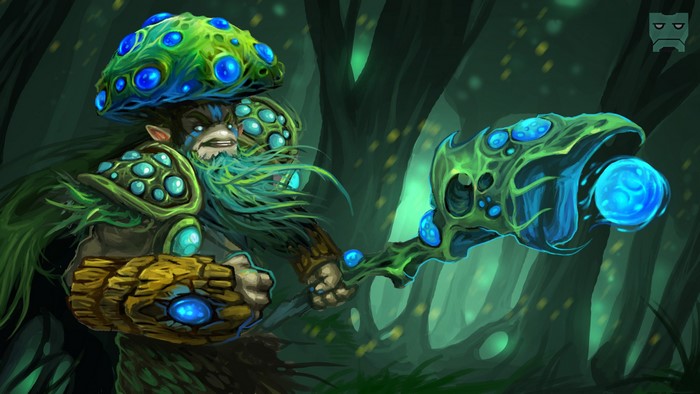 Nature's Prophet from DOTA 2 with a mushroom hat and staff
