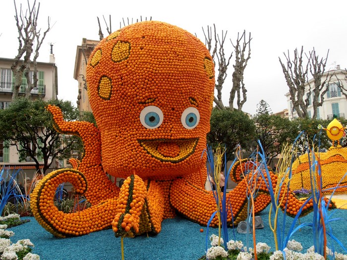 Octopus sculpture made of oranges at Lemon Festival Menton, France