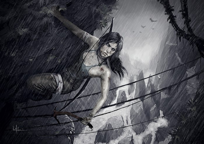 Lara Croft from Tomb Raider 2013 in rain