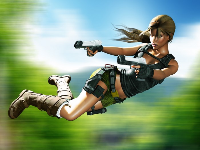 Lara Croft from Tomb Raider jumping with guns