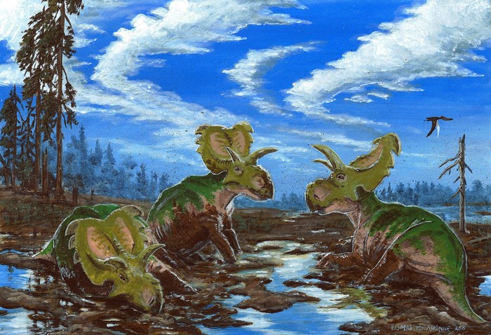 Dinosaurs in a muddy prehistoric landscape by Tuomas Koivurinne