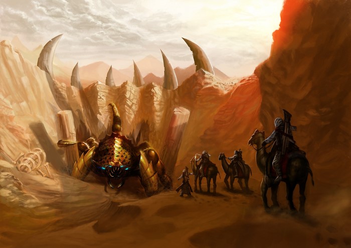 Giant Scorpion Monster and Warriors in Desert