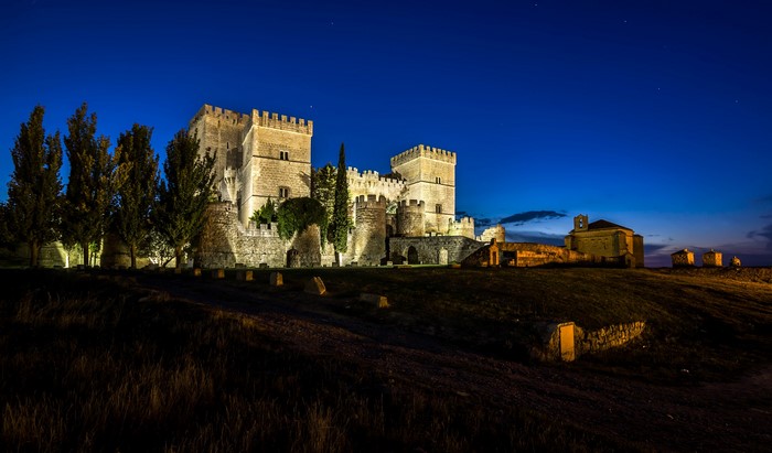 Ampudia Castle at night in Spain