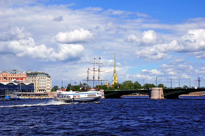 Hydrofoil boat sailing on a river in St. Petersburg, Russia