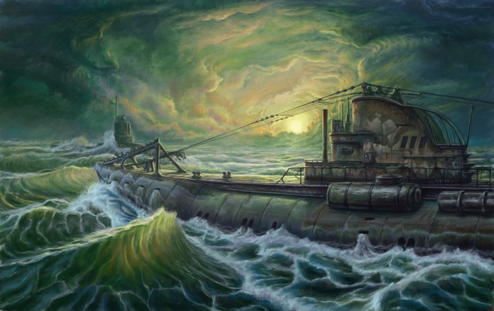 Two submarines in rough seas under a stormy sky