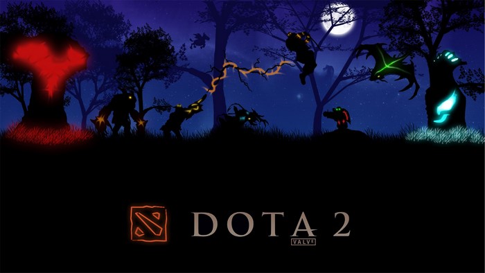 DOTA 2 characters in a dark forest setting