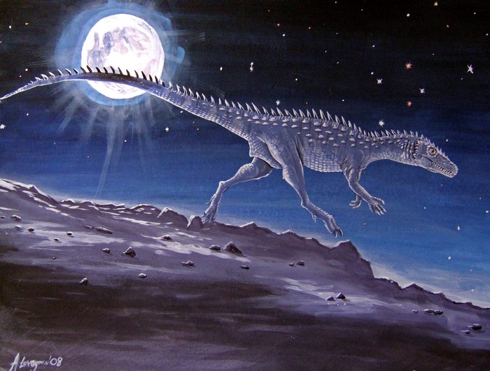 Staurikosaurus dinosaur under the moon by Alexander Lovegrove