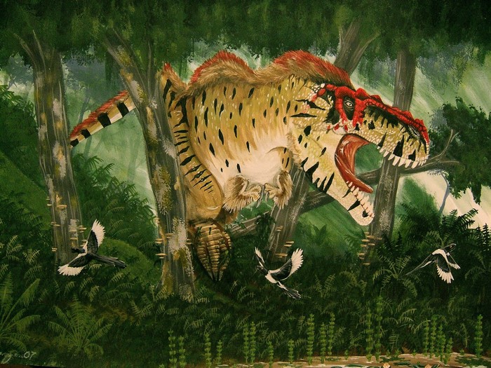 Tyrannosaurus Rex in a Forest with Birds