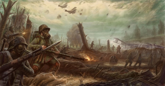 Soldiers in a battlefield with gas masks and airplanes