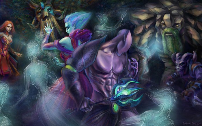 Dota 2 characters: Death Prophet, Faceless Void, Lina, Tiny, Treant Protector