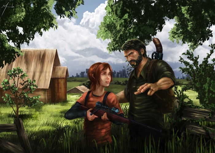 Ellie and Joel from The Last of Us in a field