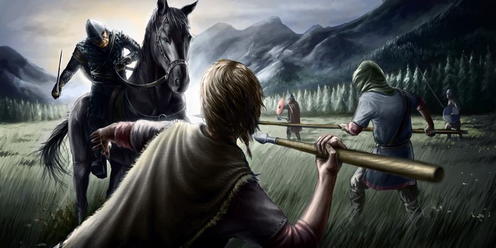 Medieval warriors with spears and horses in a field