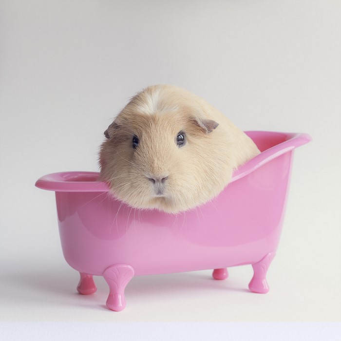 Guinea pig in a pink bathtub