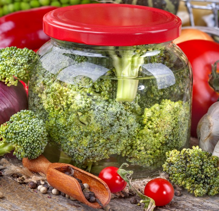 Jar of Pickled Broccoli with Vegetables