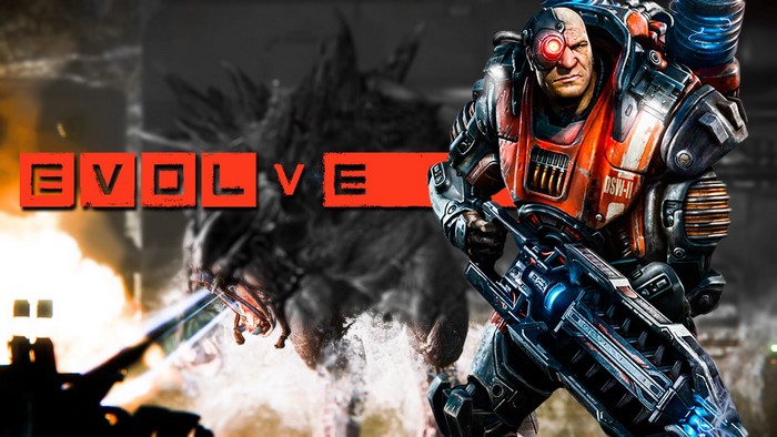 Evolve game poster with hunter and monster