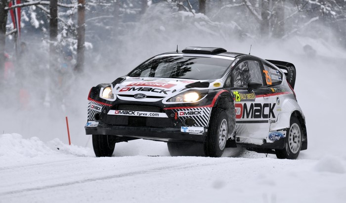Ford Fiesta WRC rally car on a snowy track