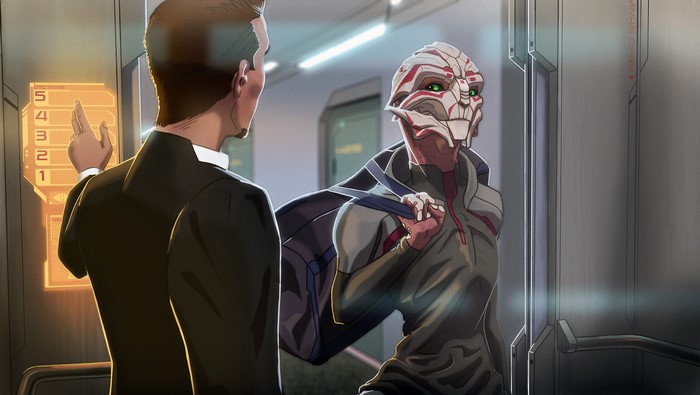 Turian from Mass Effect in a hallway