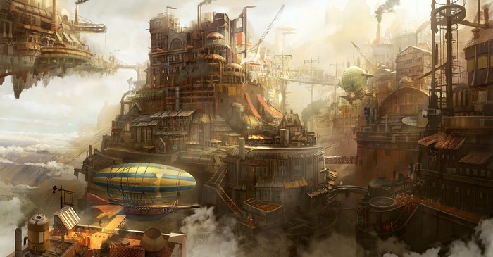 Steampunk city with airships in the clouds