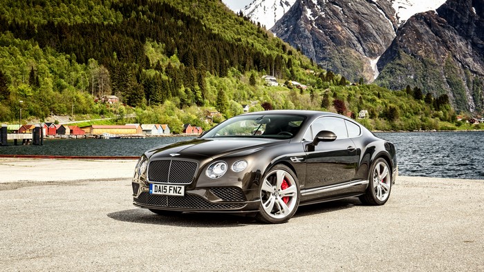 Bentley Continental GT parked by a fjord