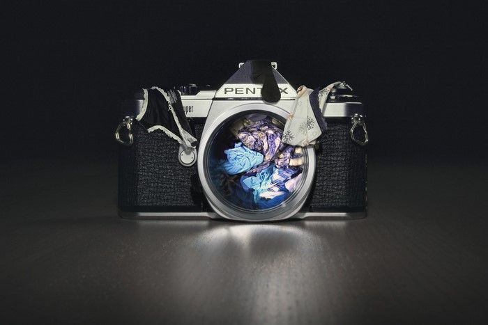 Pentax camera with laundry inside