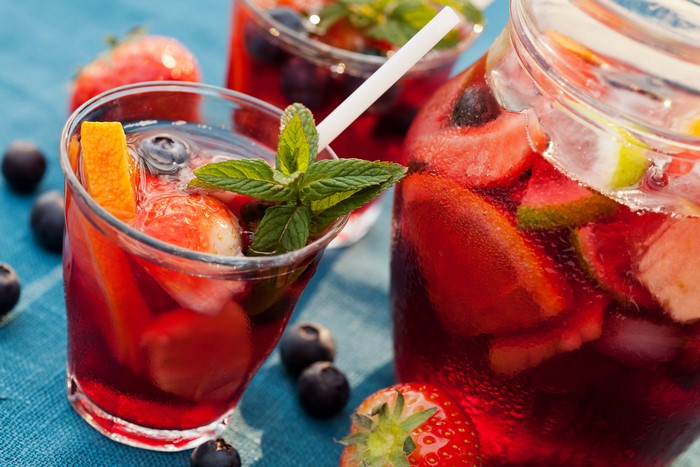 Fruit Sangria in Highball Glasses and Pitcher