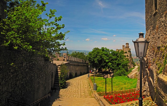 Monte Titano Fortress in San Marino with Street Lights