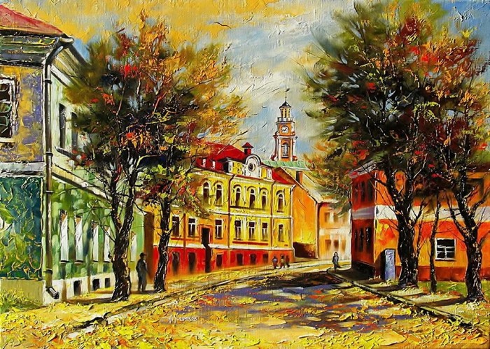 Autumn street scene with buildings and trees
