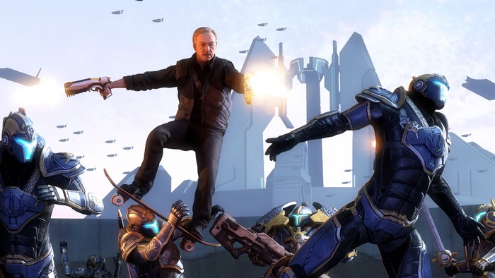 Kevin Spacey from Advanced Warfare firing pistol on skateboard