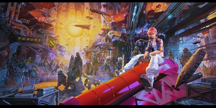 Sci-fi city with aliens and a girl on a vehicle