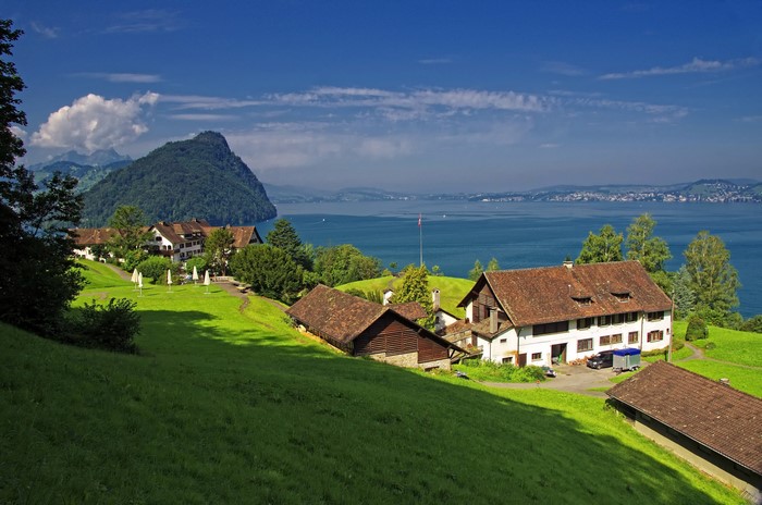 Houses on a hill overlooking Lake Lucerne, Switzerland