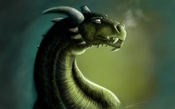 Green dragon exhaling smoke